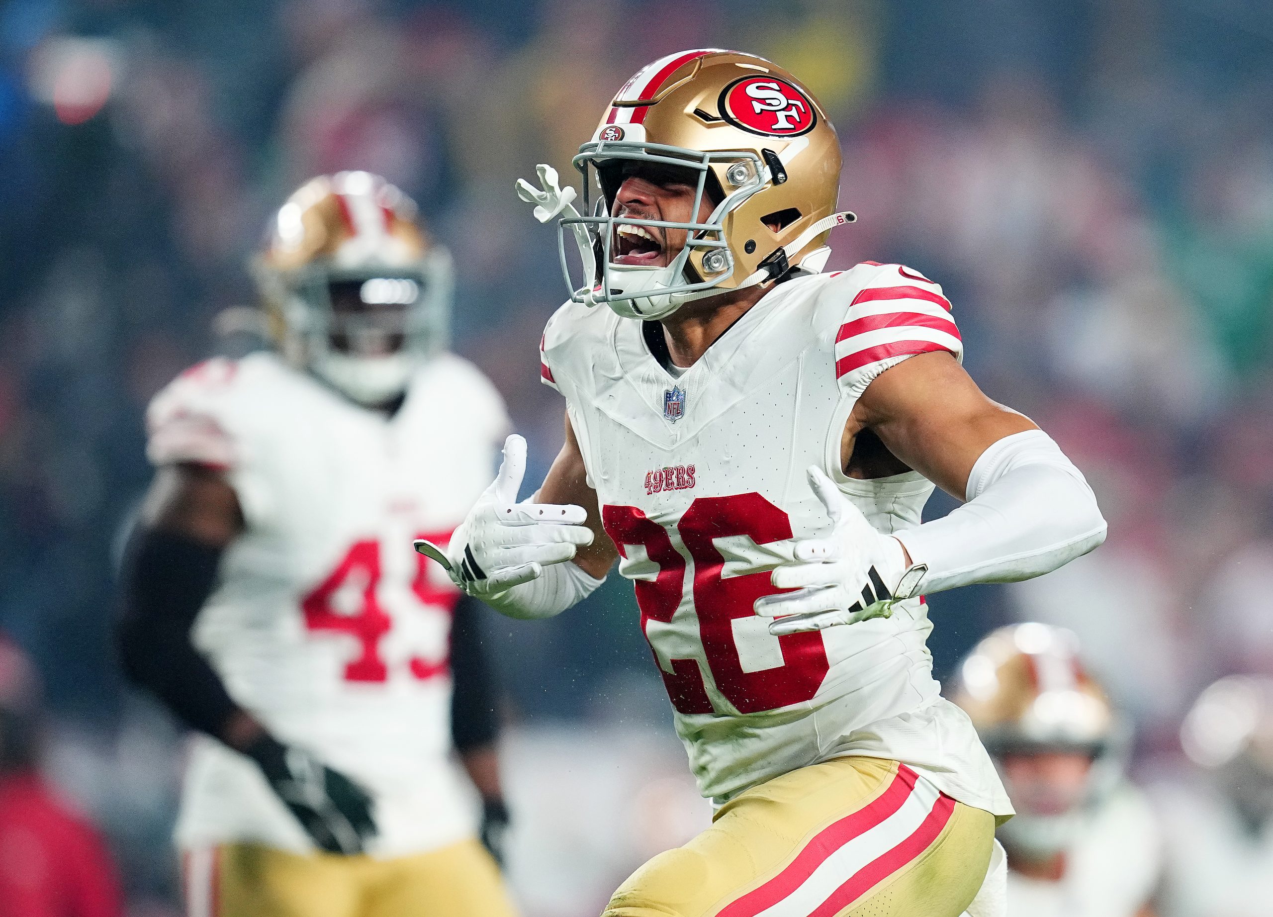 Isaiah Oliver #26 of the San Francisco 49ers reacts during the fourth quarter in the game against t...