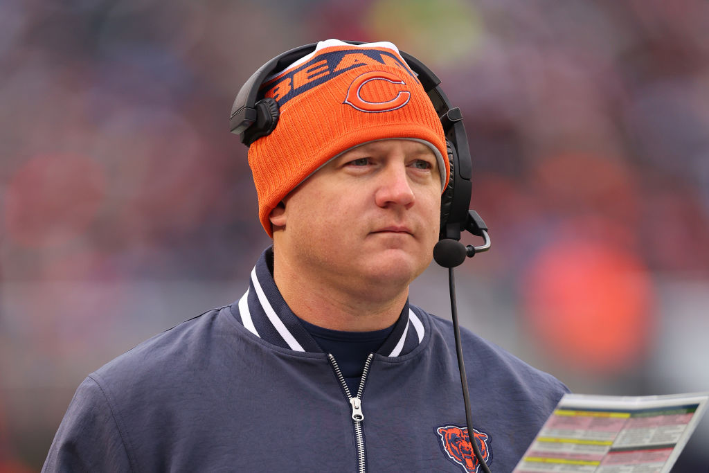 Offensive coordinator Luke Getsy of the Chicago Bears looks on against the Detroit Lions during the...