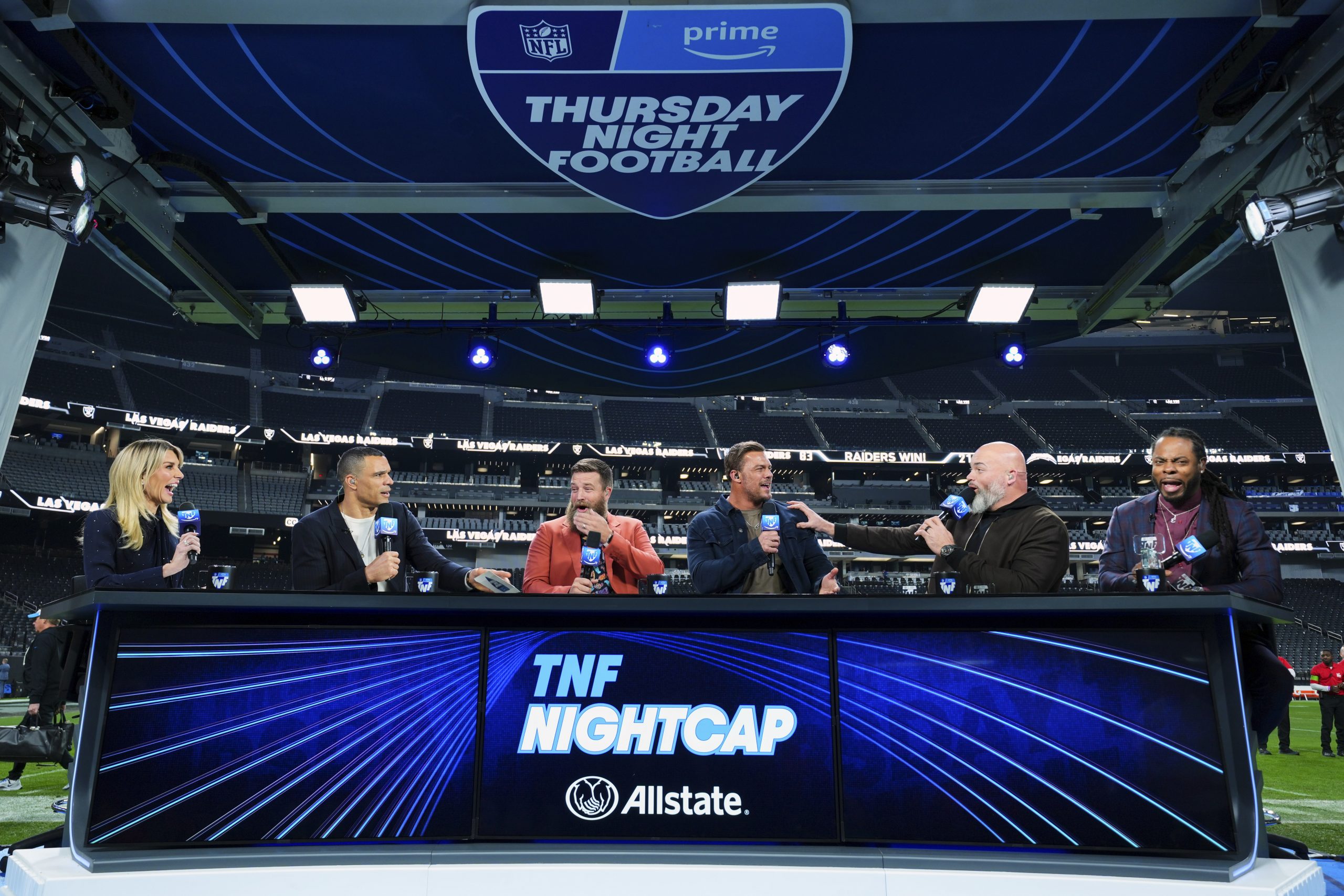 Reacher star Alan Ritchson visits the Prime Video Thursday Night Football broadcast set to celebrat...