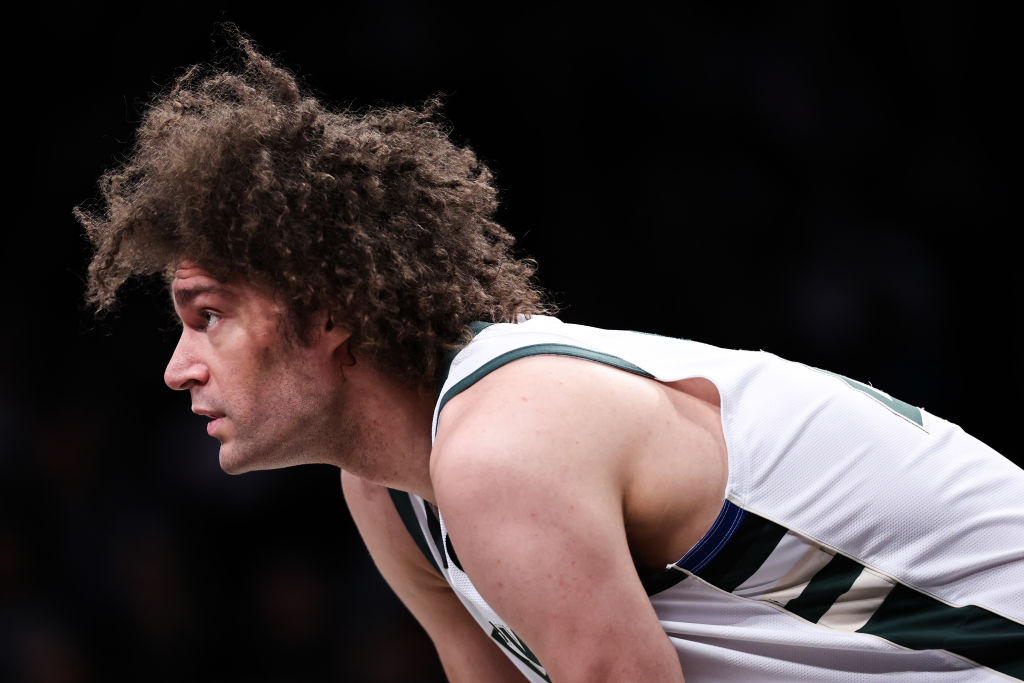 Robin Lopez #42 of the Milwaukee Bucks looks on during the fourth quarter of the game against the B...