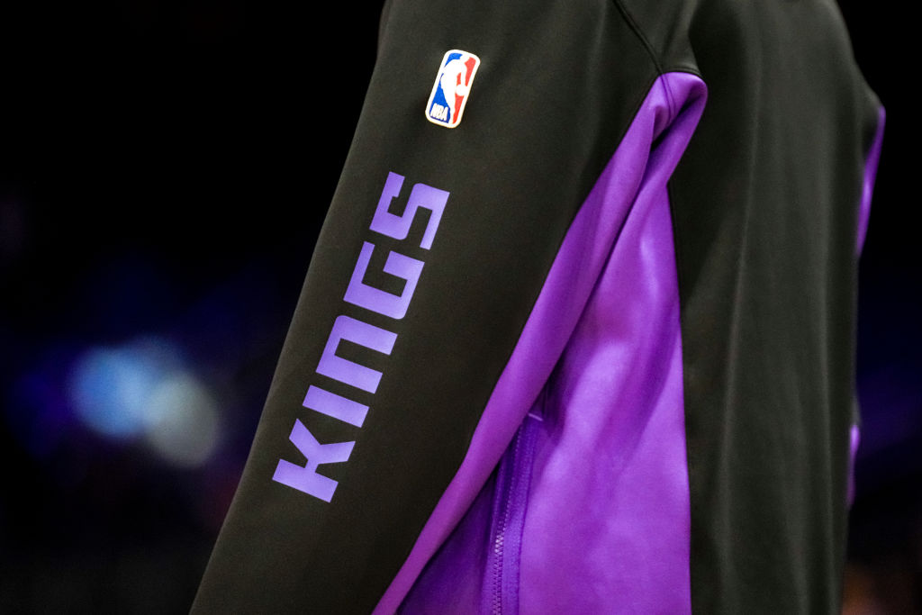 The Sacramento Kings logo is pictured on a uniform before the game against the Detroit Pistons at L...