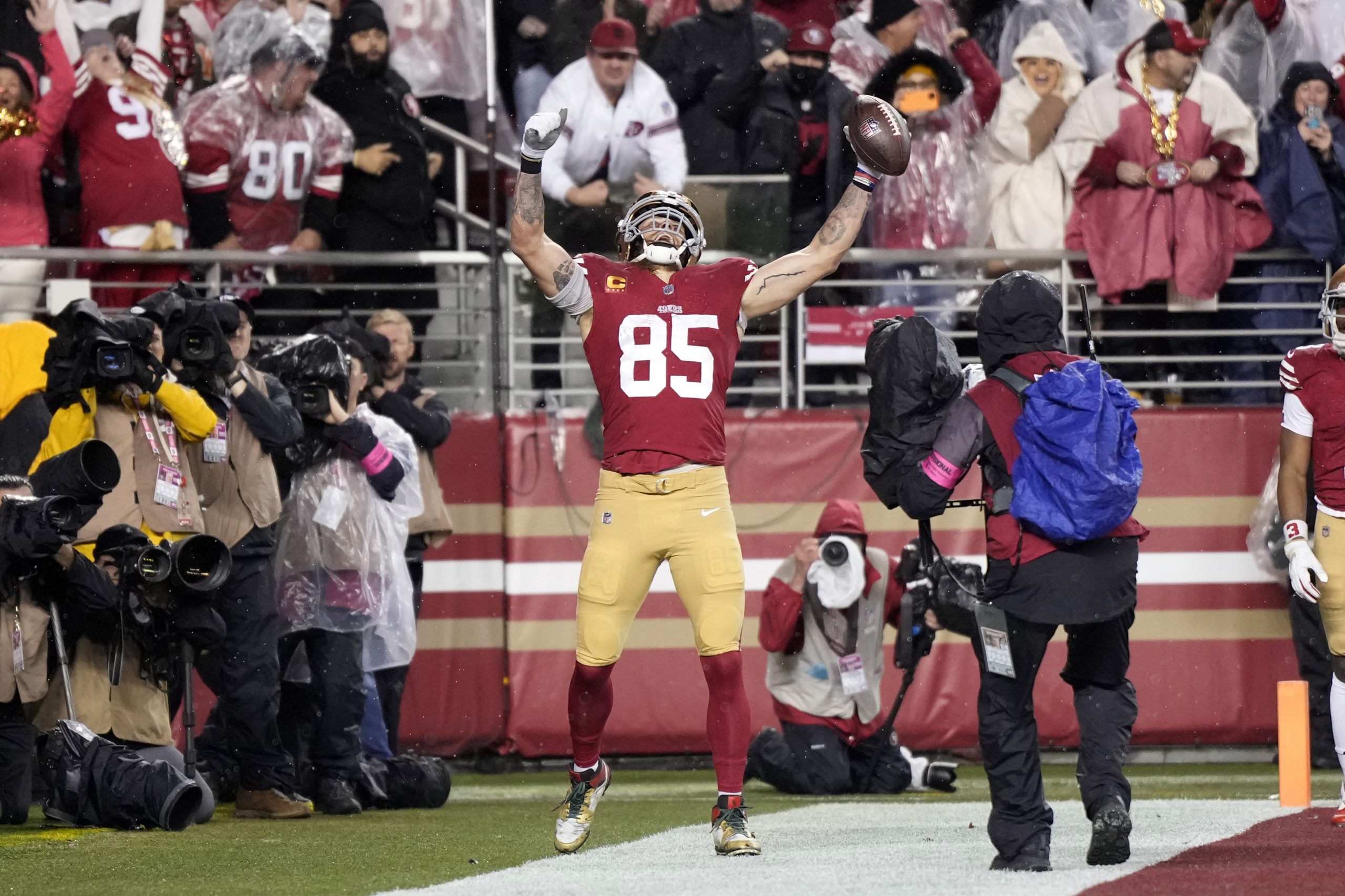 George Kittle #85 of the San Francisco 49ers celebrates after scoring a 32-yard touchdown during th...