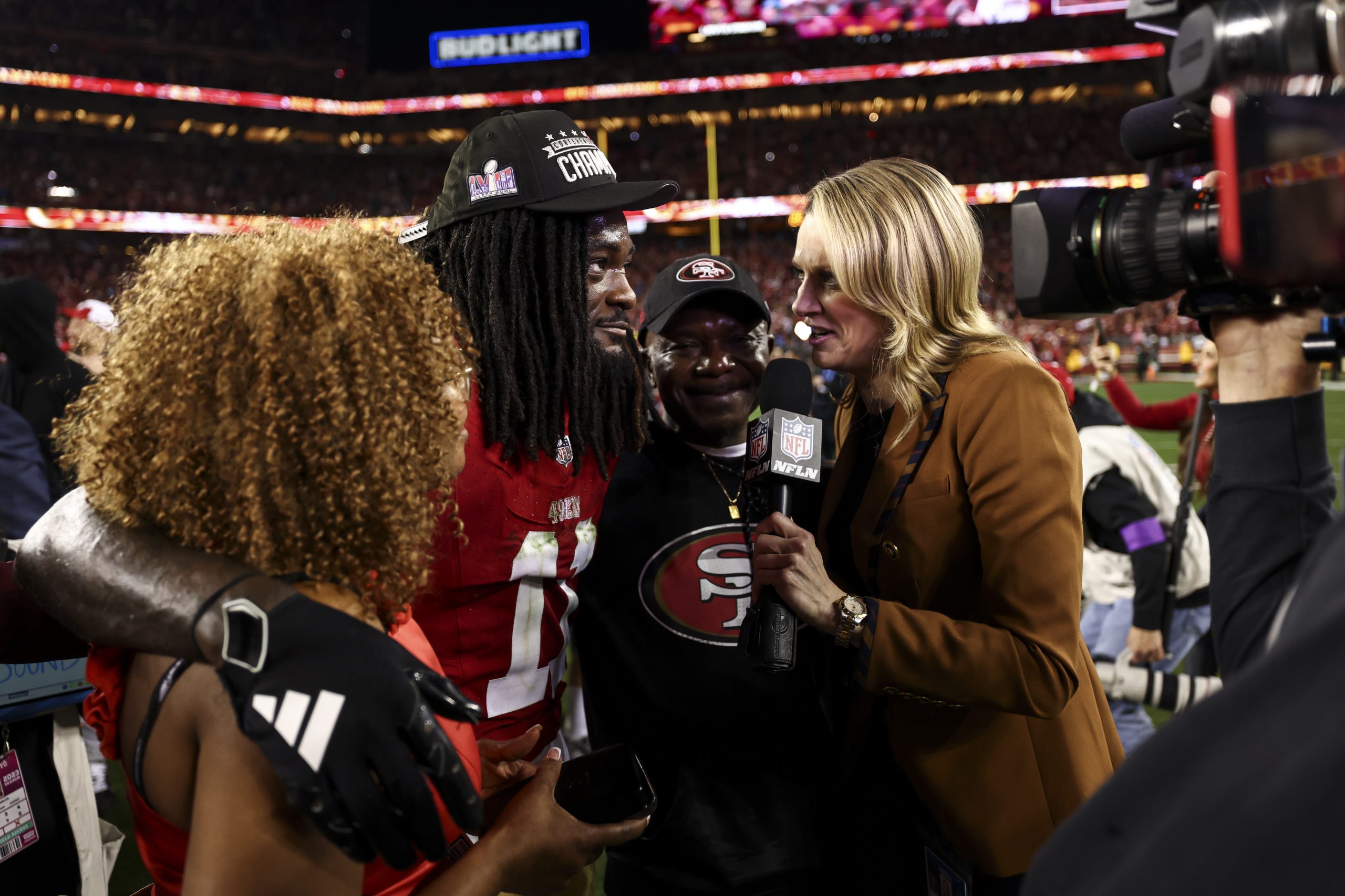 Brandon Aiyuk #11 of the San Francisco 49ers does an interview with NFL Network reporter Stacey Dal...
