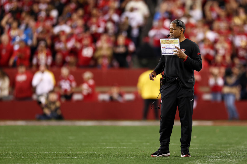 Defensive coordinator Steve Wilks of the San Francisco 49ers coaches from the sidelines during the ...