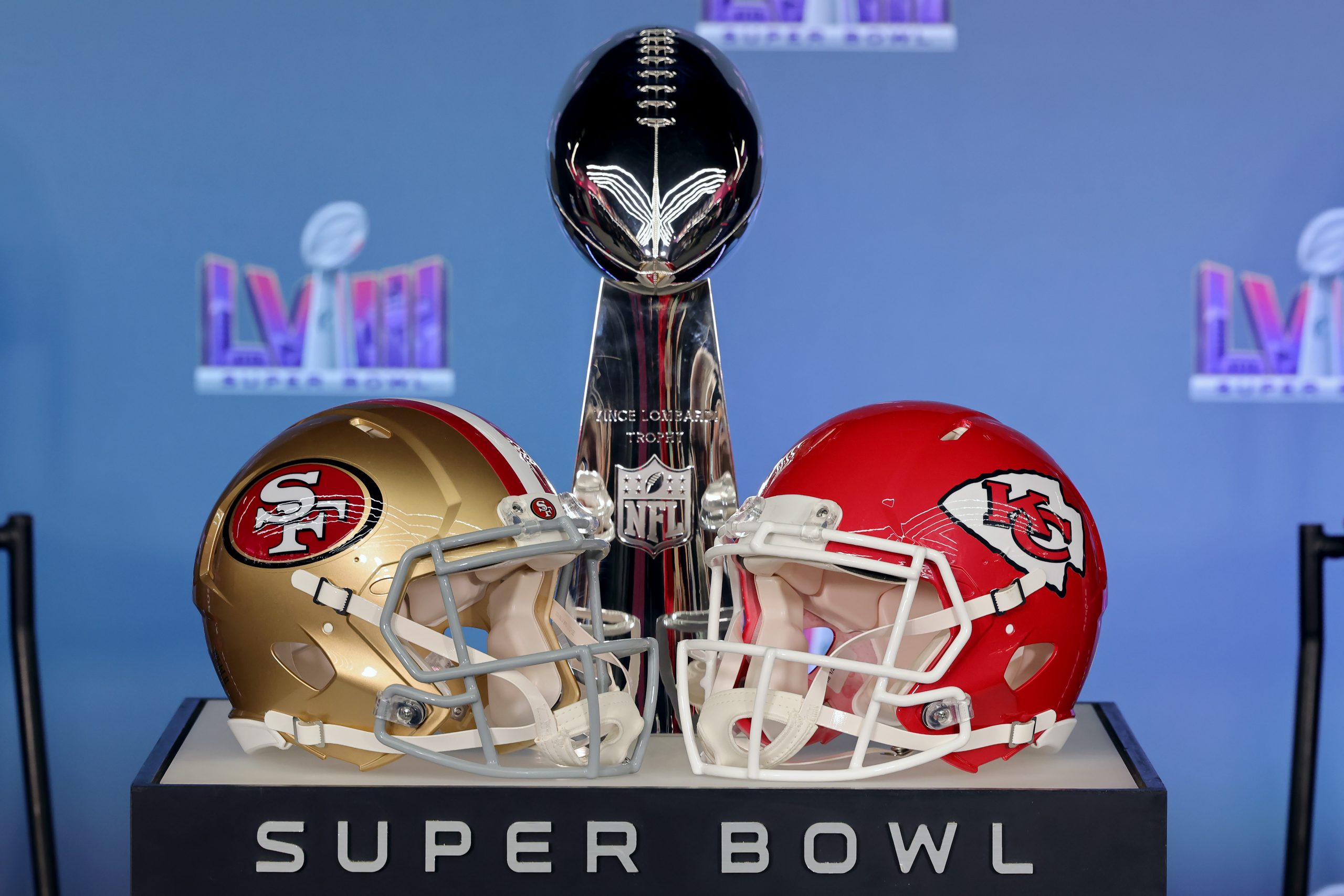 A general view of the Vince Lombardi Trophy with the San Francisco 49ers and Kansas City Chiefs hel...