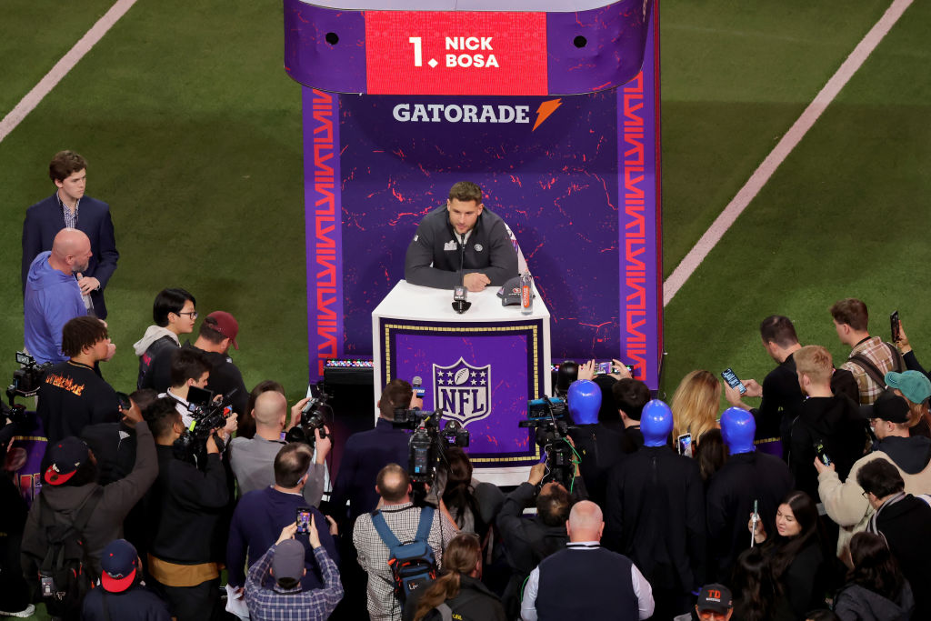 Nick Bosa of the San Francisco 49ers speaks to the media during Super Bowl LVIII Opening Night at A...