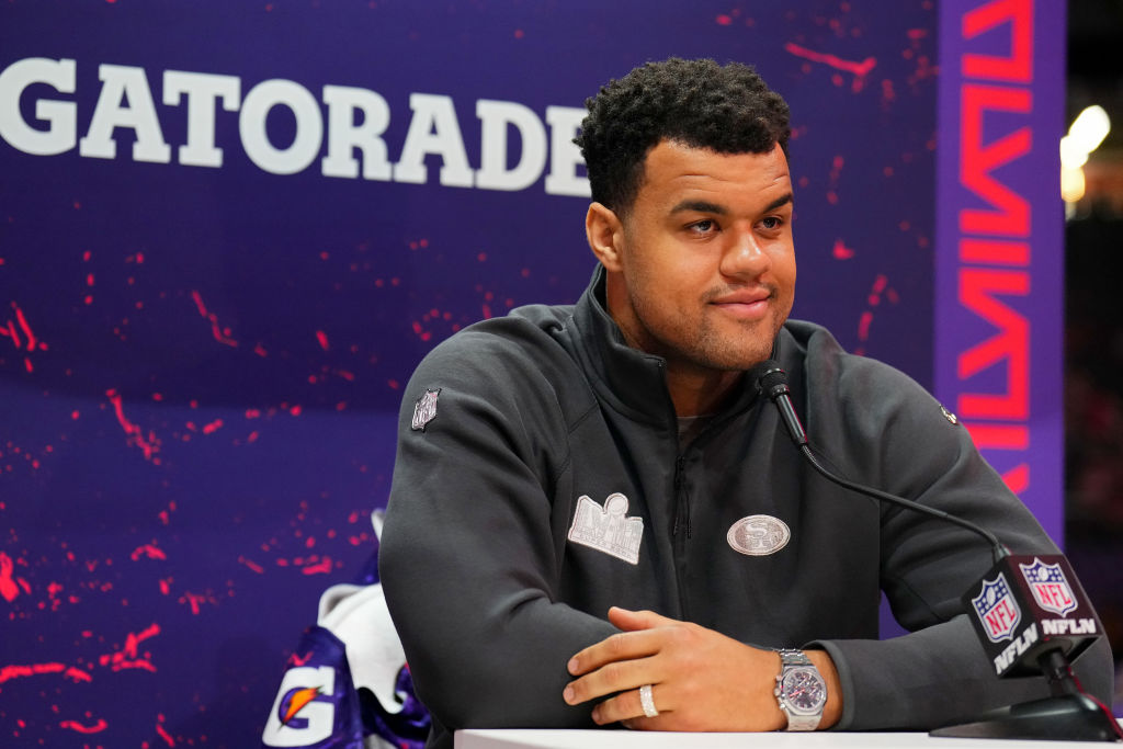 Arik Armstead of the San Francisco 49ers speaks to the media during Super Bowl LVIII Opening Night ...