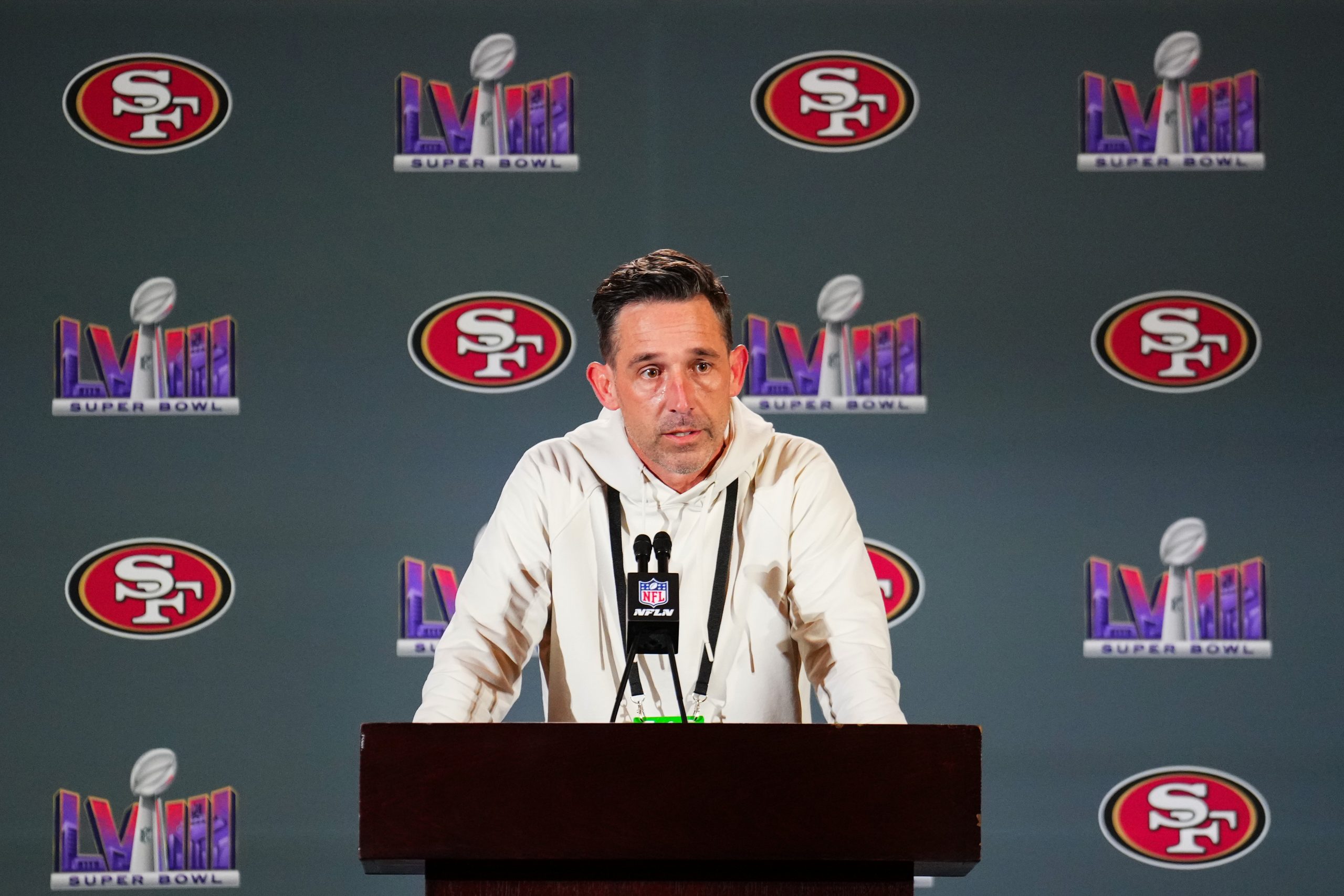 Head coach Kyle Shanahan of the San Francisco 49ers speaks to the media during San Francisco 49ers ...