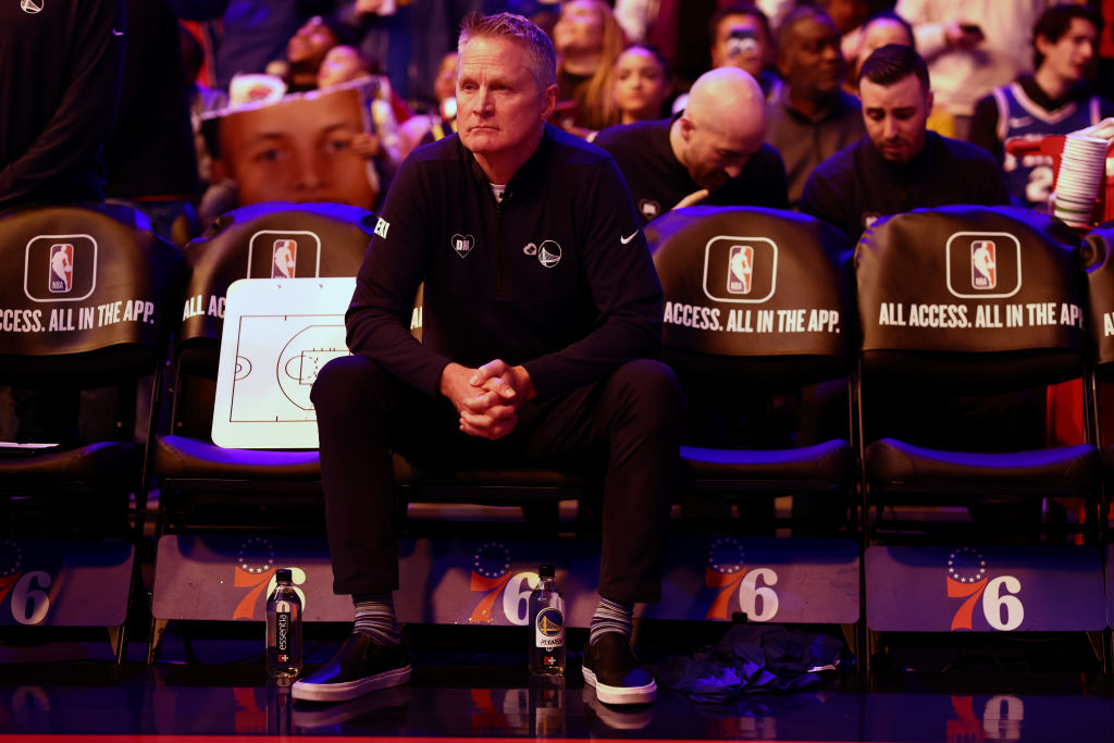 Head coach Steve Kerr of the Golden State Warriors looks on before a game against the Philadelphia ...