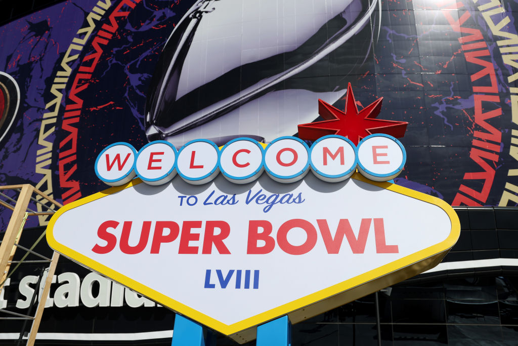 Super Bowl LVIII signage is seen outside of Allegiant Stadium on February 07, 2024 in Las Vegas, Ne...