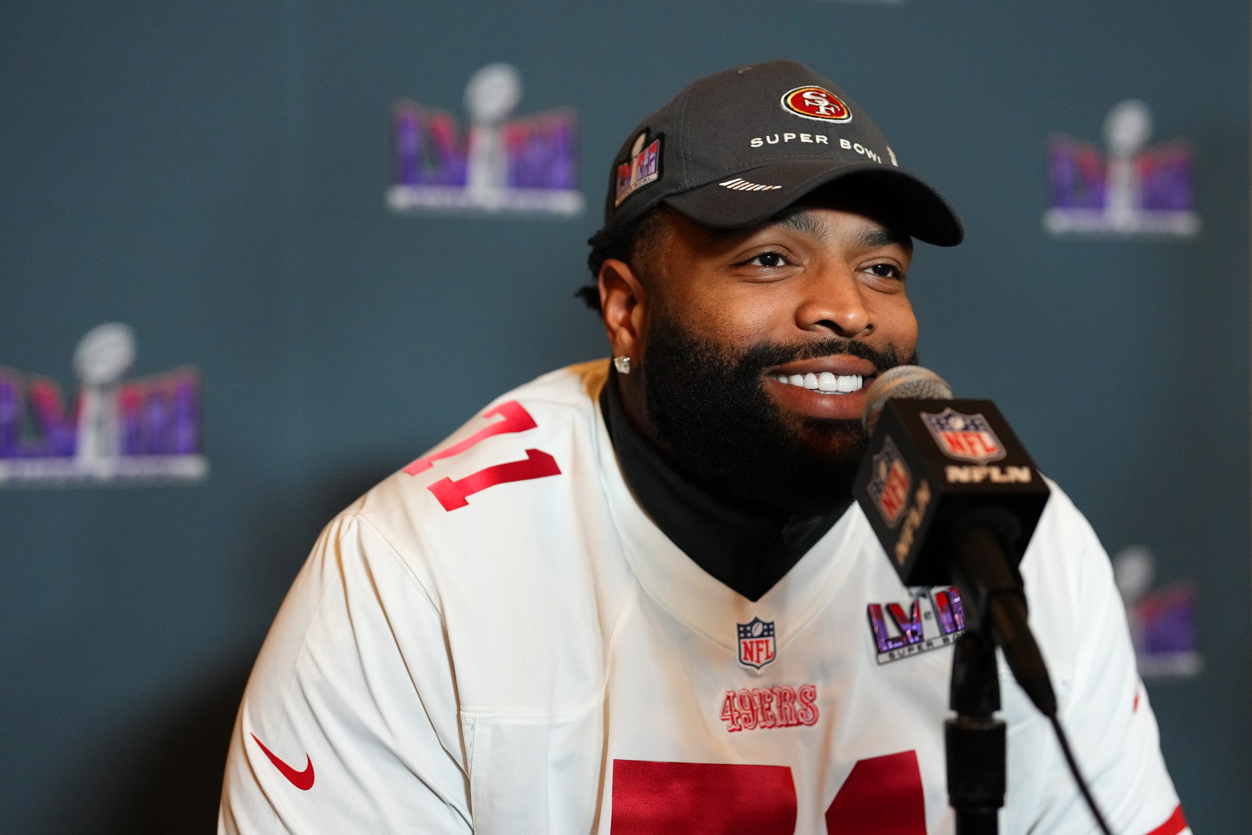 Trent Williams #71 speaks to media during San Francisco 49ers media availability ahead of Super Bow...