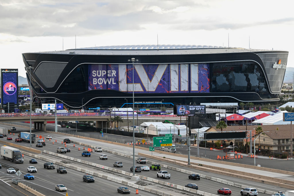 A video board displays logos for Super Bowl LVIII at Allegiant Stadium ahead of Super Bowl LVIII on...