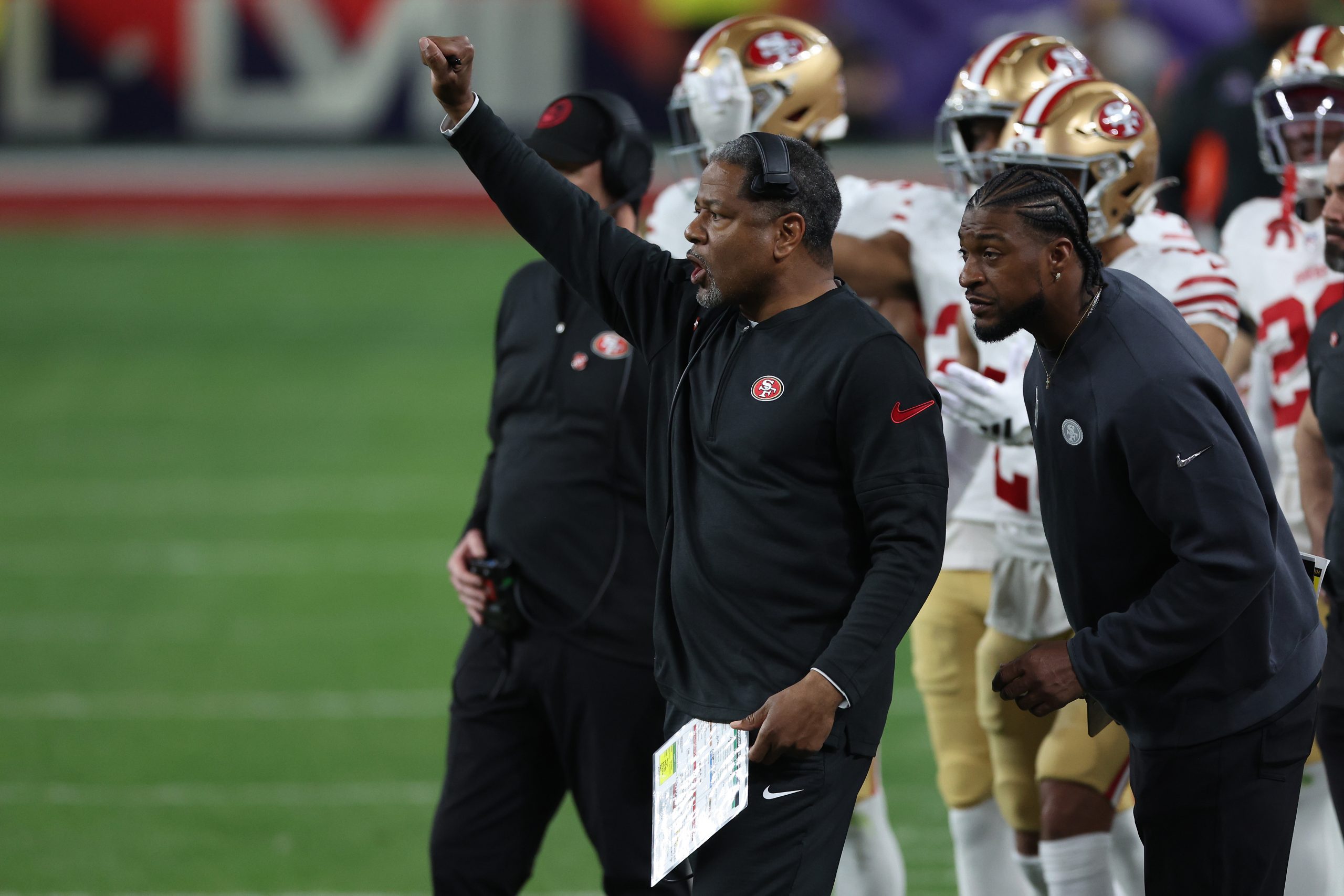 Defensive Coordinator Steve Wilks of thte San Francisco 49ers reacts during the third quarter again...