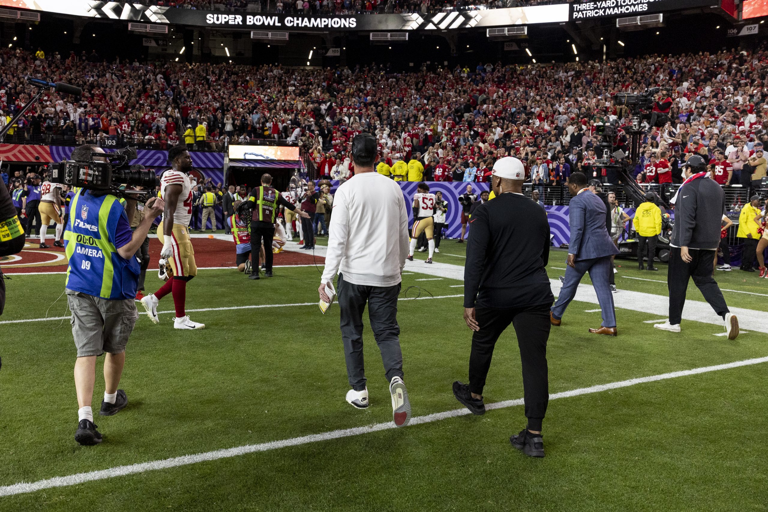 Head coach Kyle Shanahan of the San Francisco 49ers walks off the field following the NFL Super Bow...