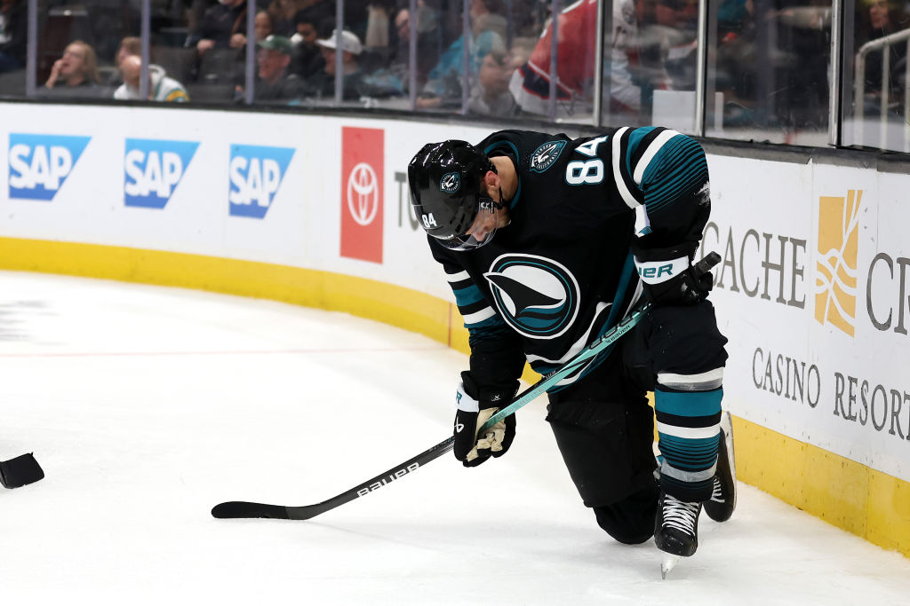 Jan Rutta #84 of the San Jose Sharks reacts after Boone Jenner #38 of the Columbus Blue Jackets sco...