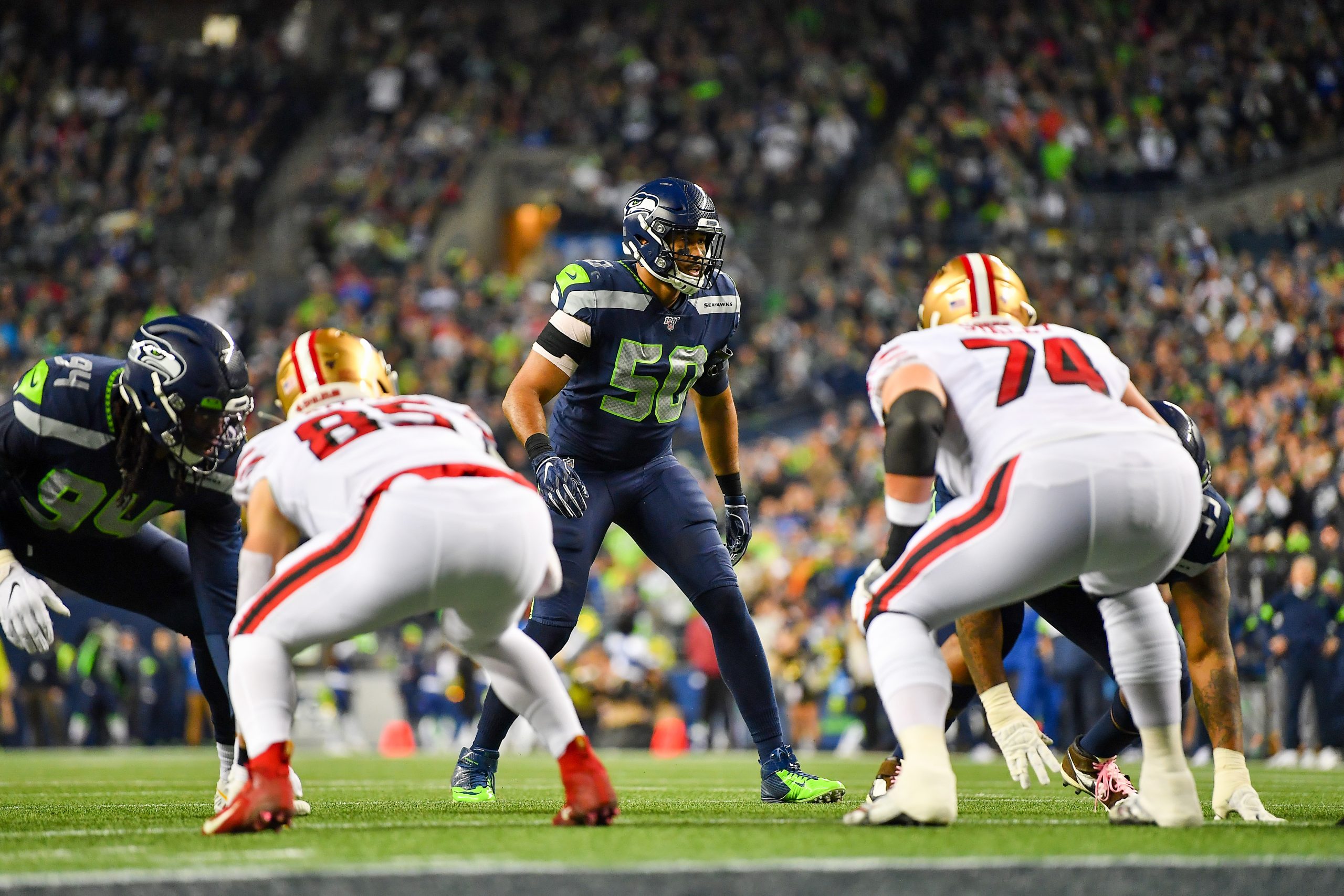 K.J. Wright #50 of the Seattle Seahawks reads the San Francisco 49ers offense during the second qua...