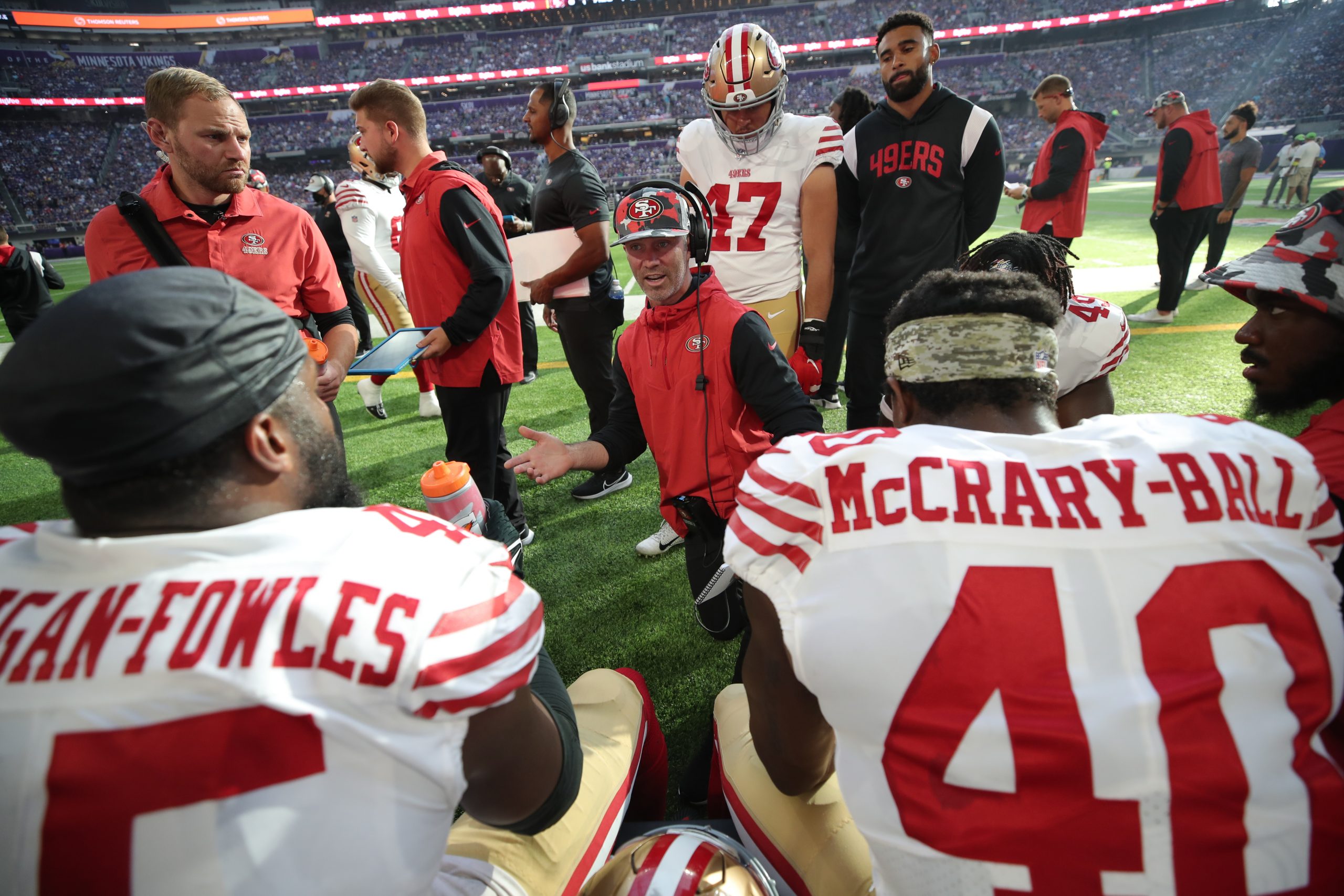 Defensive Assistant Coach Nick Sorensen of the San Francisco 49ers talks with the linebackers on th...