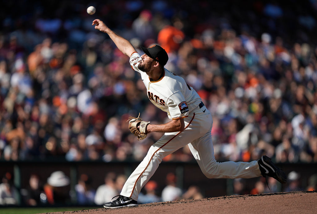 Tristan Beck #43 of the San Francisco Giants pitches against the Atlanta Braves in the top of the t...