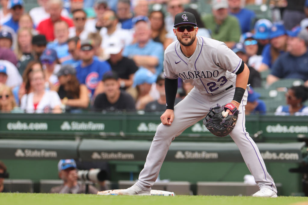 Kris Bryant #23 of the Colorado Rockies in action against the Chicago Cubs at Wrigley Field on Sept...