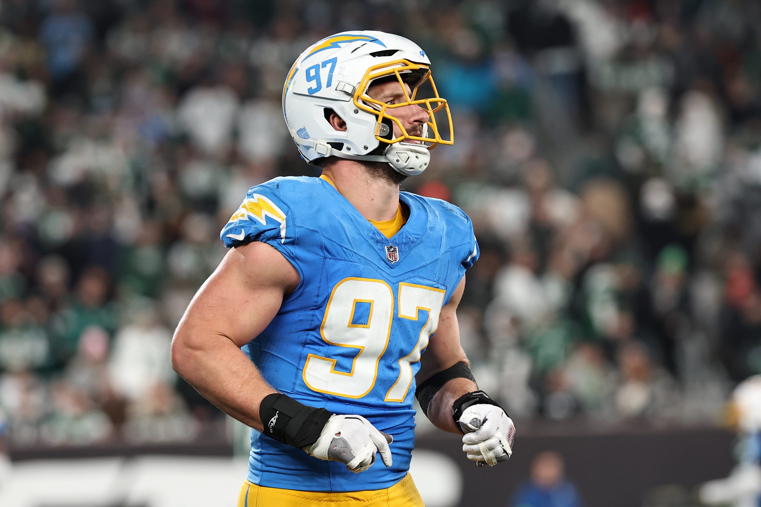 Joey Bosa #97 of the Los Angeles Chargers reacts during the second half against the New York Jets a...