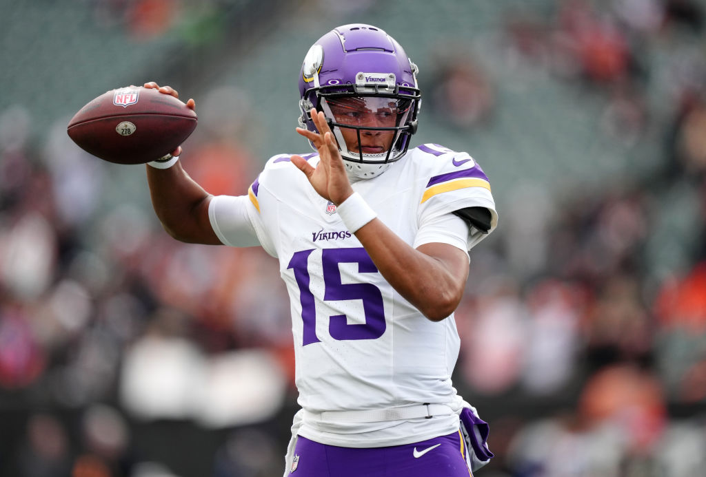 Joshua Dobbs #15 of the Minnesota Vikings warms up before the game against the Cincinnati Bengals a...
