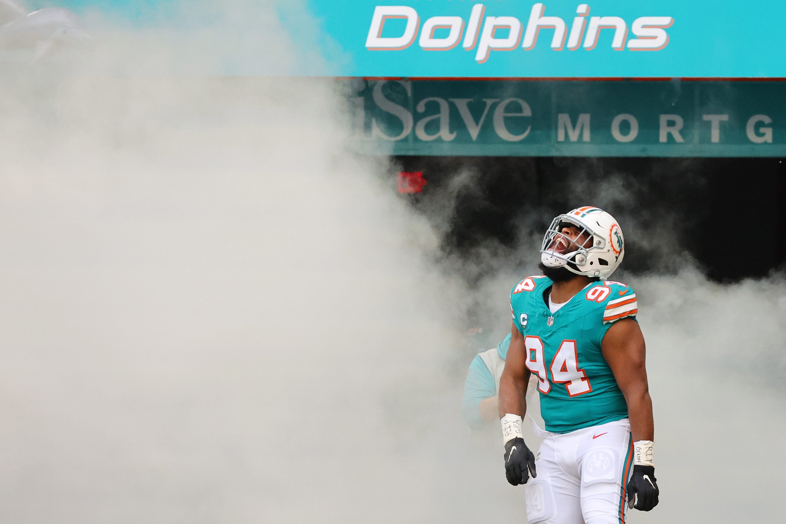 Christian Wilkins #94 of the Miami Dolphins takes the field during player introductions prior to a ...