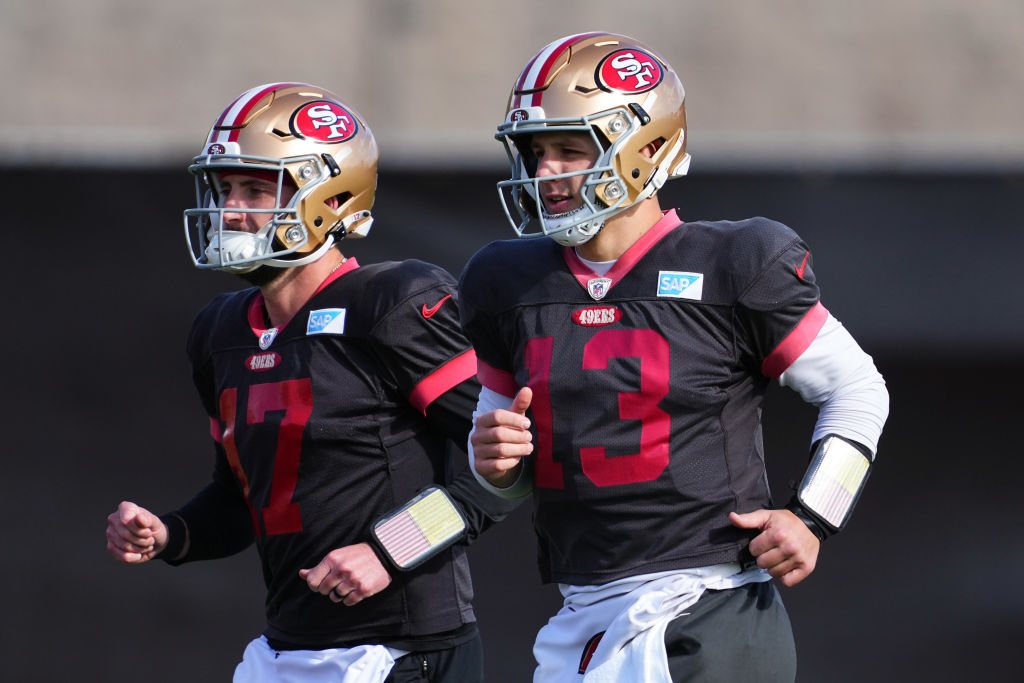 Brock Purdy #13 and Brandon Allen #17 participate during San Francisco 49ers practice ahead of Supe...