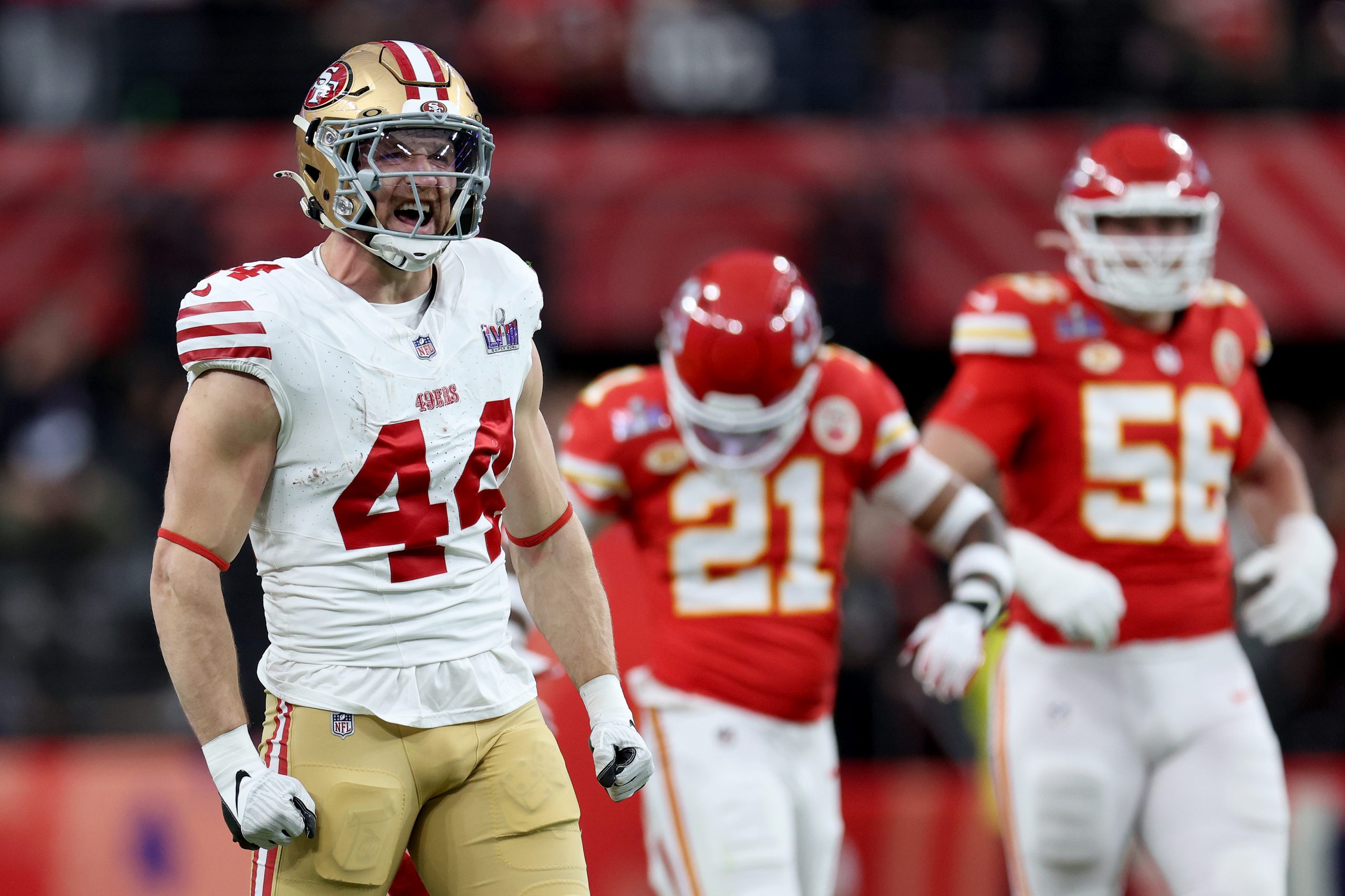Kyle Juszczyk #44 of the San Francisco 49ers reacts in the first quarter during Super Bowl LVIII ag...