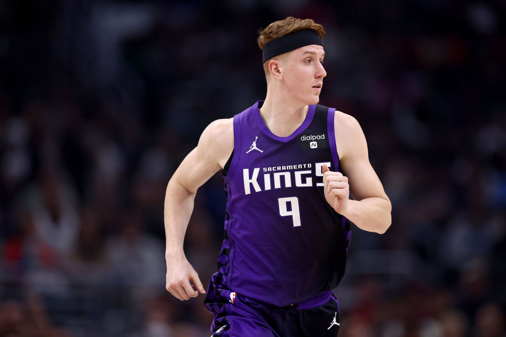 Kevin Huerter #9 of the Sacramento Kings looks on during the second quarter against the Los Angeles...