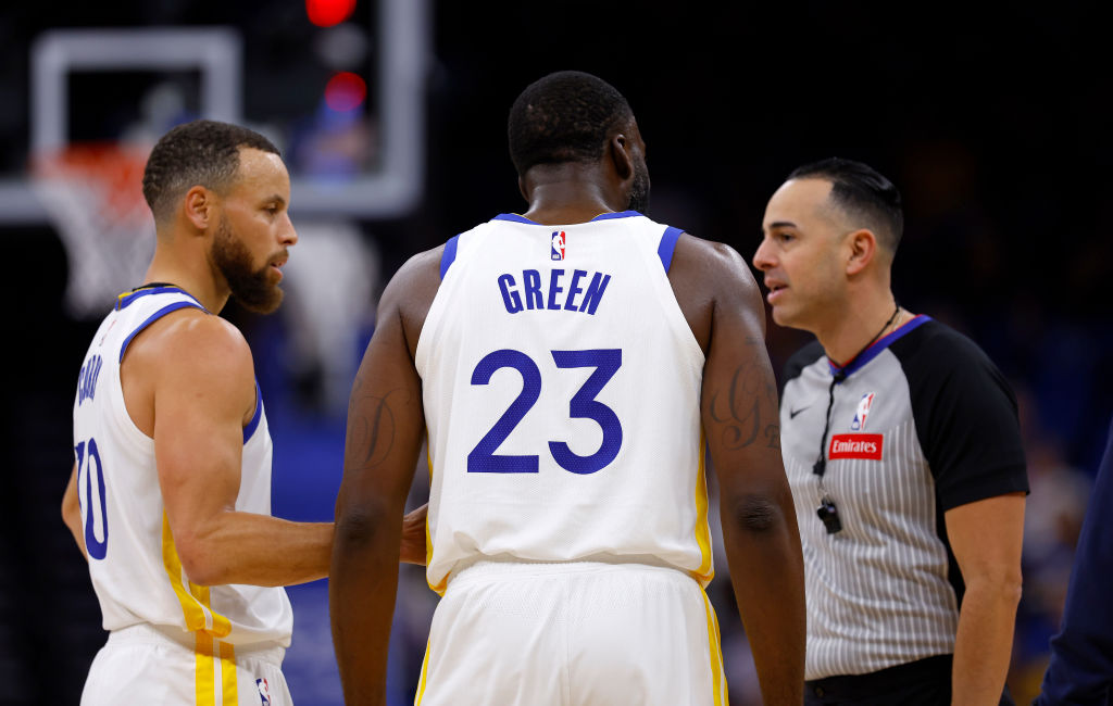 Draymond Green #23 of the Golden State Warriors argues with a referee before being ejected during a...