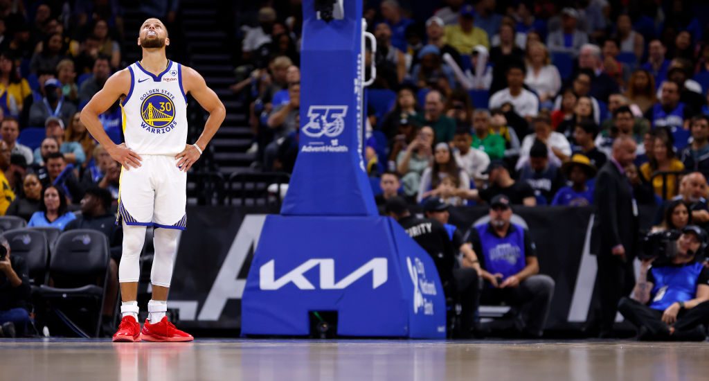 Stephen Curry #30 of the Golden State Warriors looks on during a game against the Orlando Magic at ...