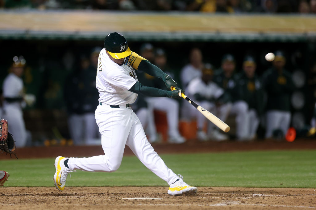 Darell Hernaiz #2 of the Oakland Athletics bats against the Cleveland Guardians in the eighth innin...