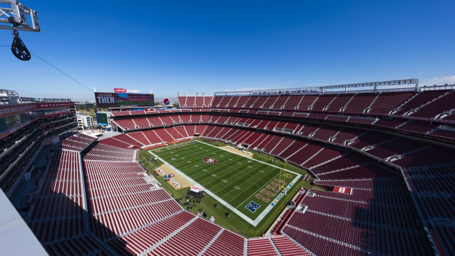 General view of the interior of Levis Stadium from an elevated level during the NFL regular season football game between the Cleveland Browns and the San Francisco 49ers on Monday, Oct. 7, 2019 at Levi's Stadium in Santa Clara, Calif.