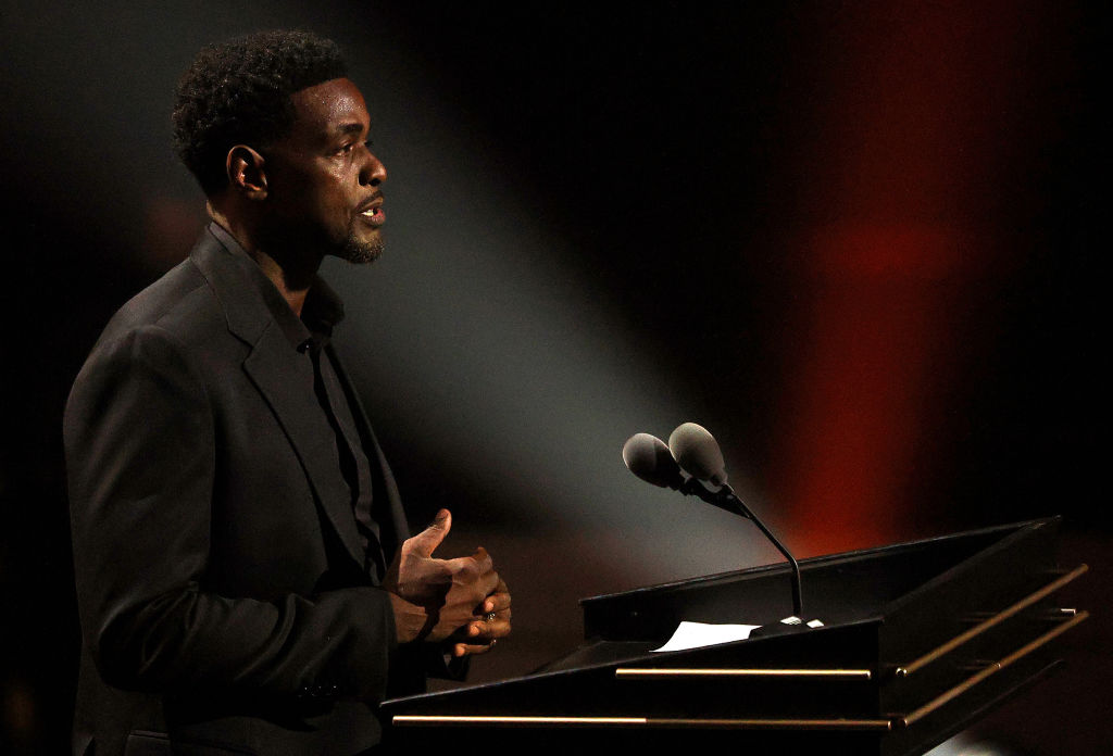 Chris Webber, speaks during the 2021Naismith Memorial Basketball Hall of Fame ceremony at Symphony ...
