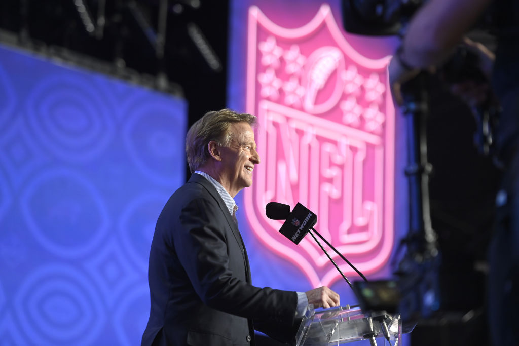 LAS VEGAS, NEVADA - APRIL 28: NFL Commissioner Roger Goodell speaks onstage to kick off round one o...
