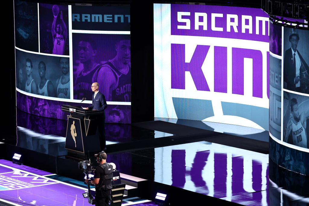 NEW YORK, NEW YORK - JUNE 23: NBA commissioner Adam Silver announces a pick by the Sacramento Kings...