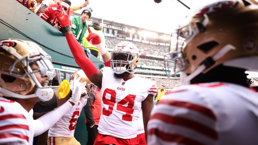 Charles Omenihu #94 of the San Francisco 49ers prepares to take the field prior to the NFC Championship Game against the Philadelphia Eagles at Lincoln Financial Field on January 29, 2023 in Philadelphia, Pennsylvania.