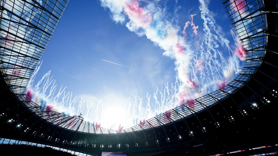 Fireworks are set off above the stadium prior to the NFL international match at the Tottenham Hotspur Stadium, London. Picture date: Sunday October 15, 2023.