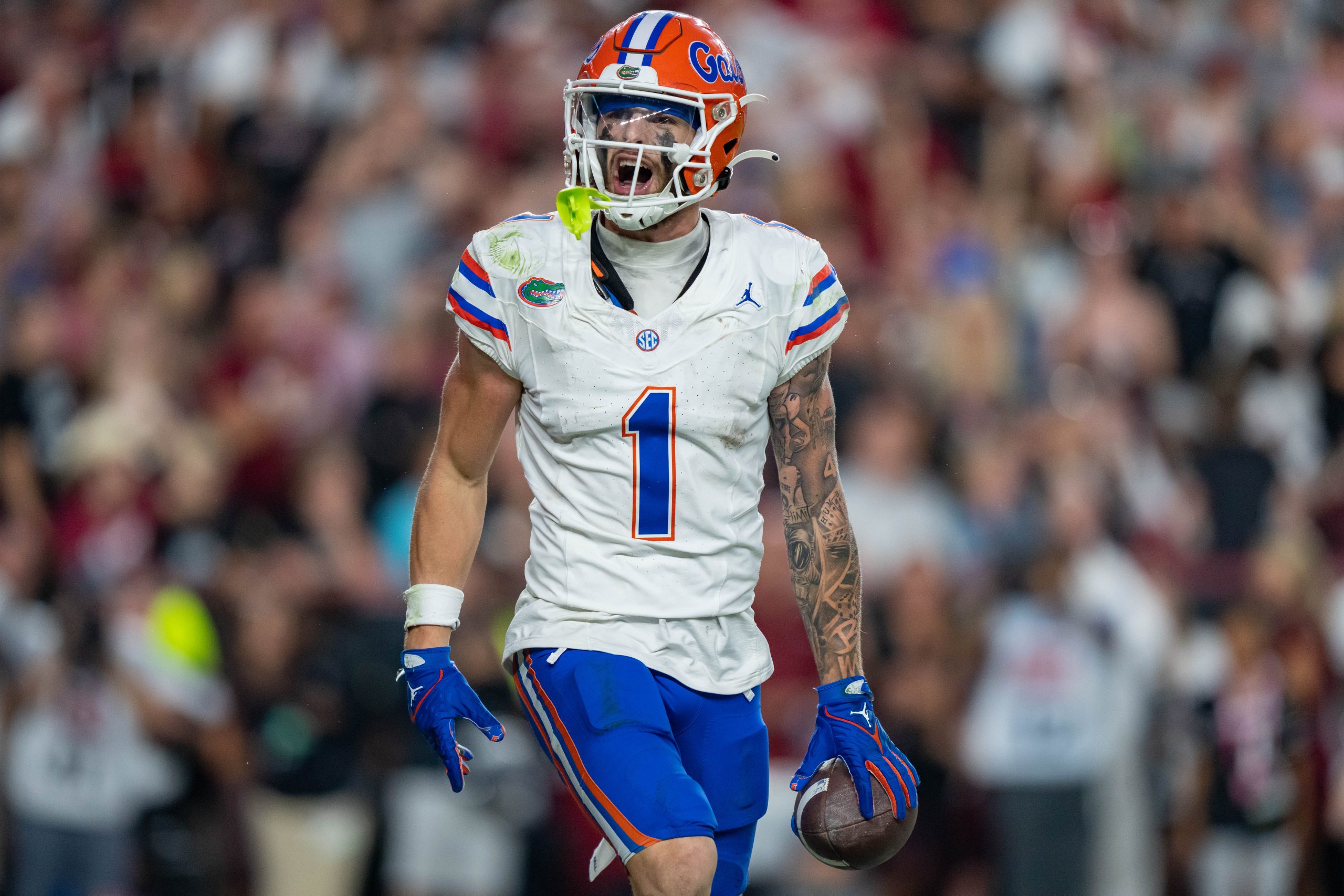 Ricky Pearsall #1 of the Florida Gators reacts after scoring a touchdown in the second half of the ...