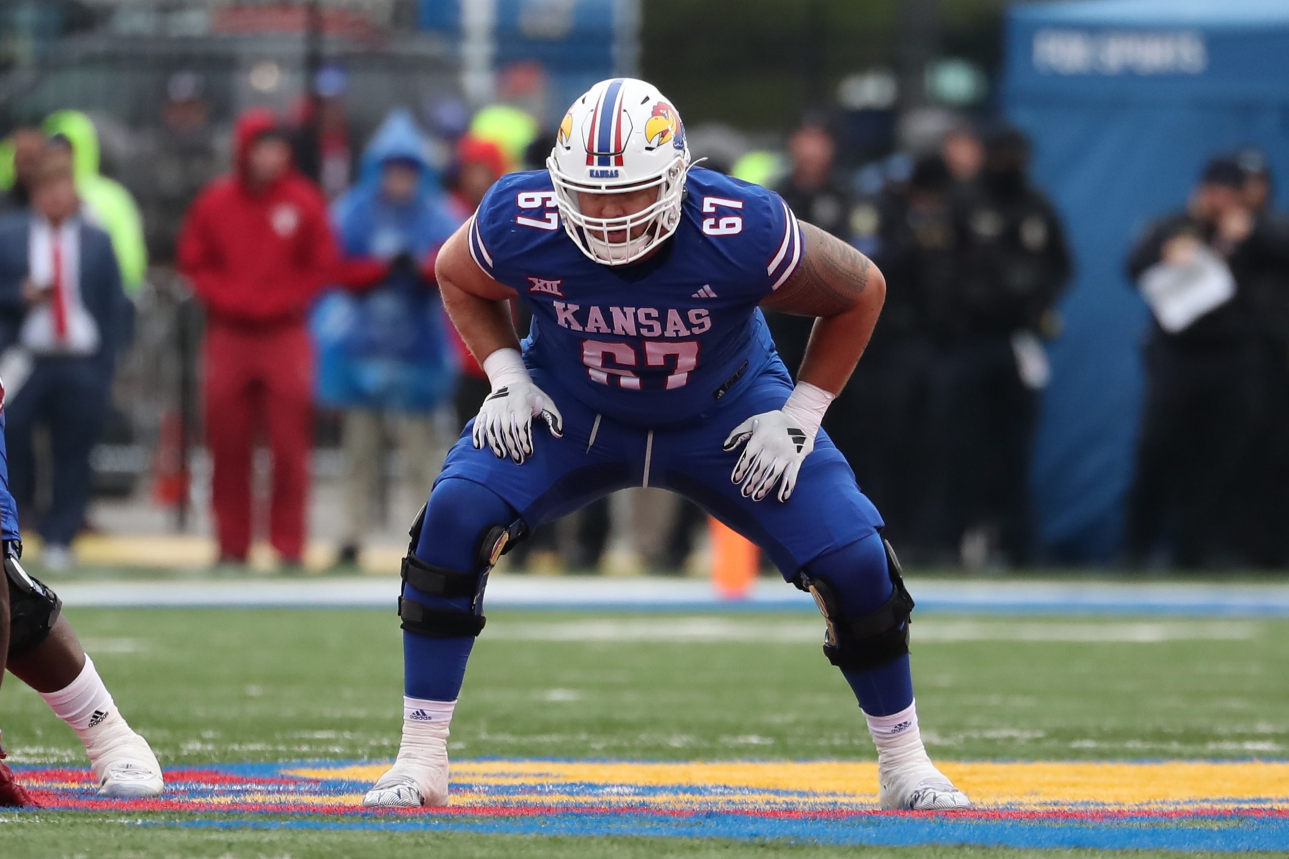 Kansas Jayhawks offensive lineman Dominick Puni (67) in the fourth quarter of a Big 12 football gam...
