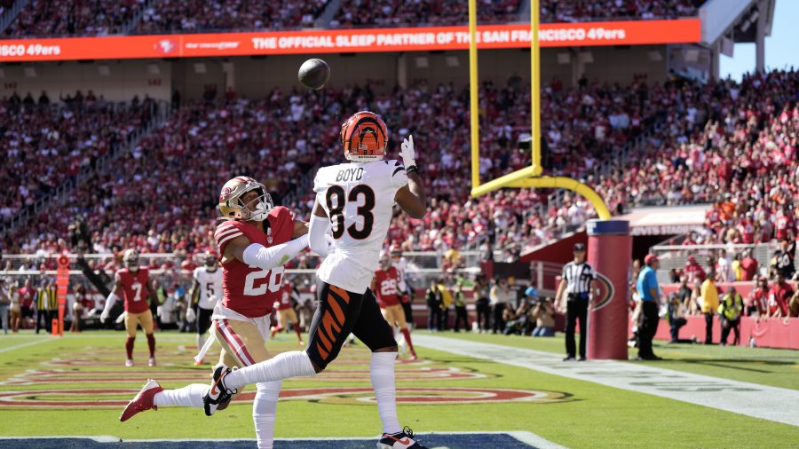Tyler Boyd #83 of the Cincinnati Bengals catches a pass for a touchdown during the first quarter against the San Francisco 49ers at Levi's Stadium on October 29, 2023 in Santa Clara, California.