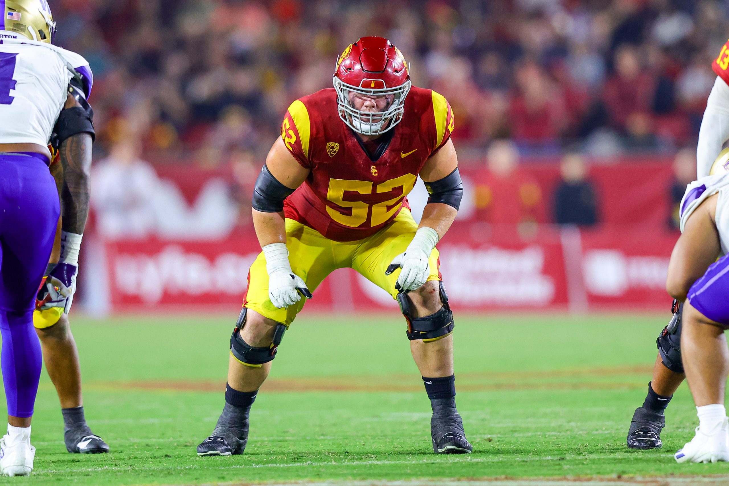 USC Trojans offensive lineman Jarrett Kingston (52) lines up during a college football game between...