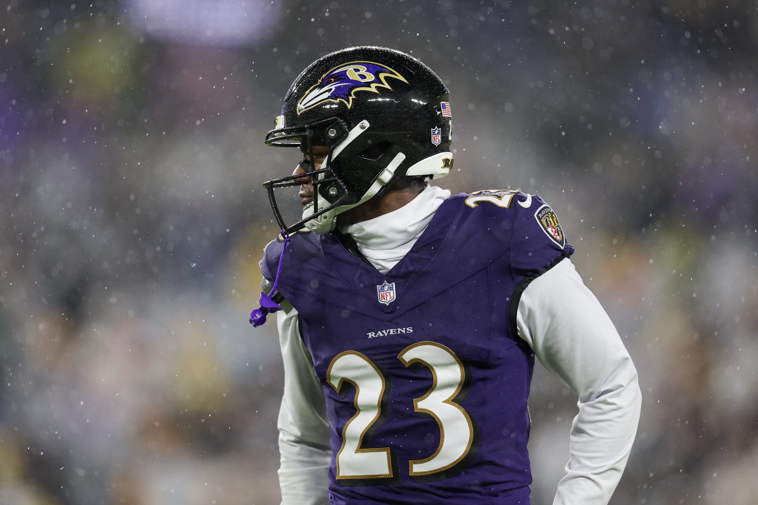 Rock Ya-Sin #23 of the Baltimore Ravens looks on in the second quarter of a game against the Pittsb...