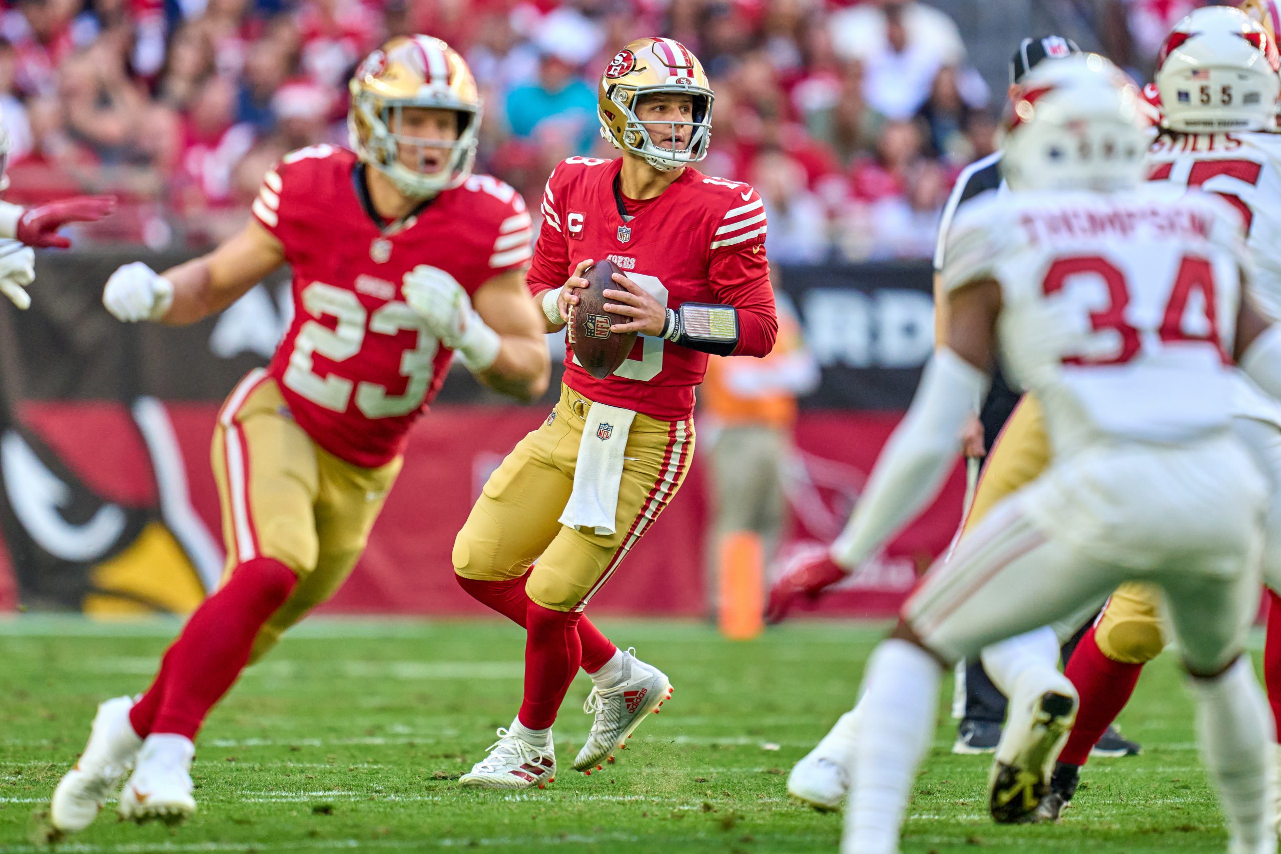 Brock Purdy #13 of the San Francisco 49ers in action during a game between the San Francisco 49ers ...