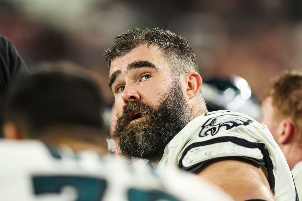 Jason Kelce #62 of the Philadelphia Eagles looks on from the sideline during an NFL Wild Card playo...