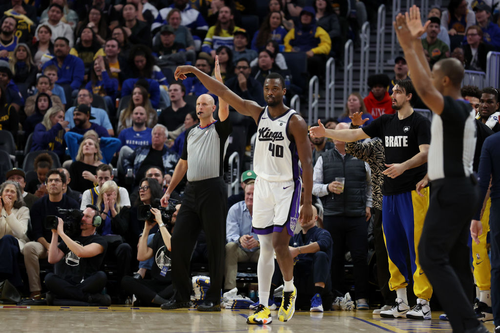 Harrison Barnes #40 of the Sacramento Kings reacts after making a three-point basket against the Go...