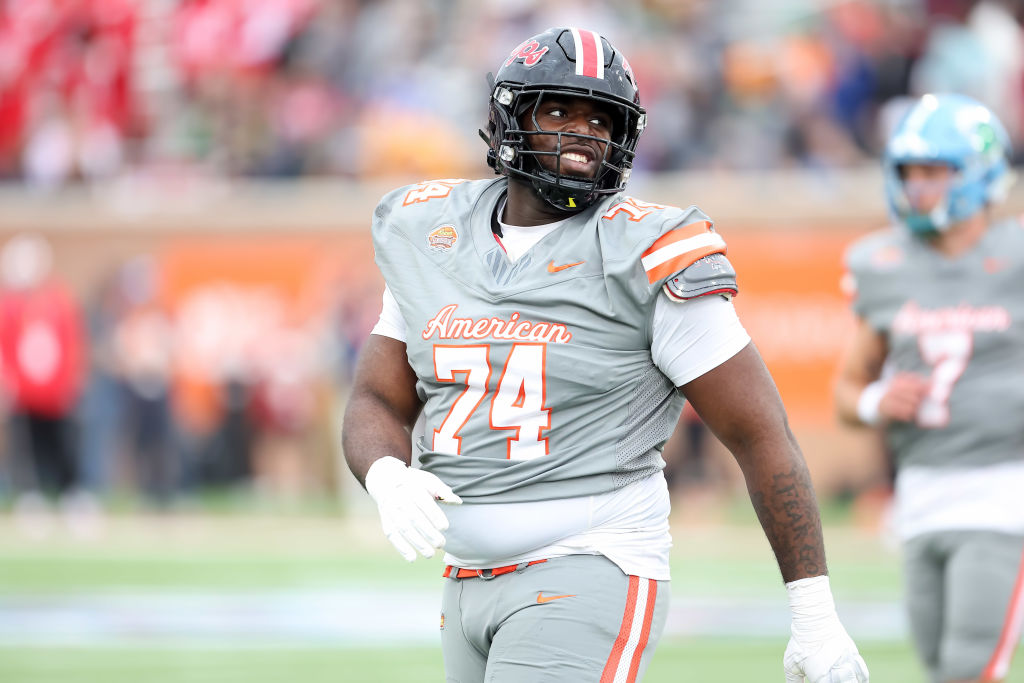 American offensive lineman Delmar Glaze of Maryland (74) during the 2024 Reese's Senior Bowl on Feb...