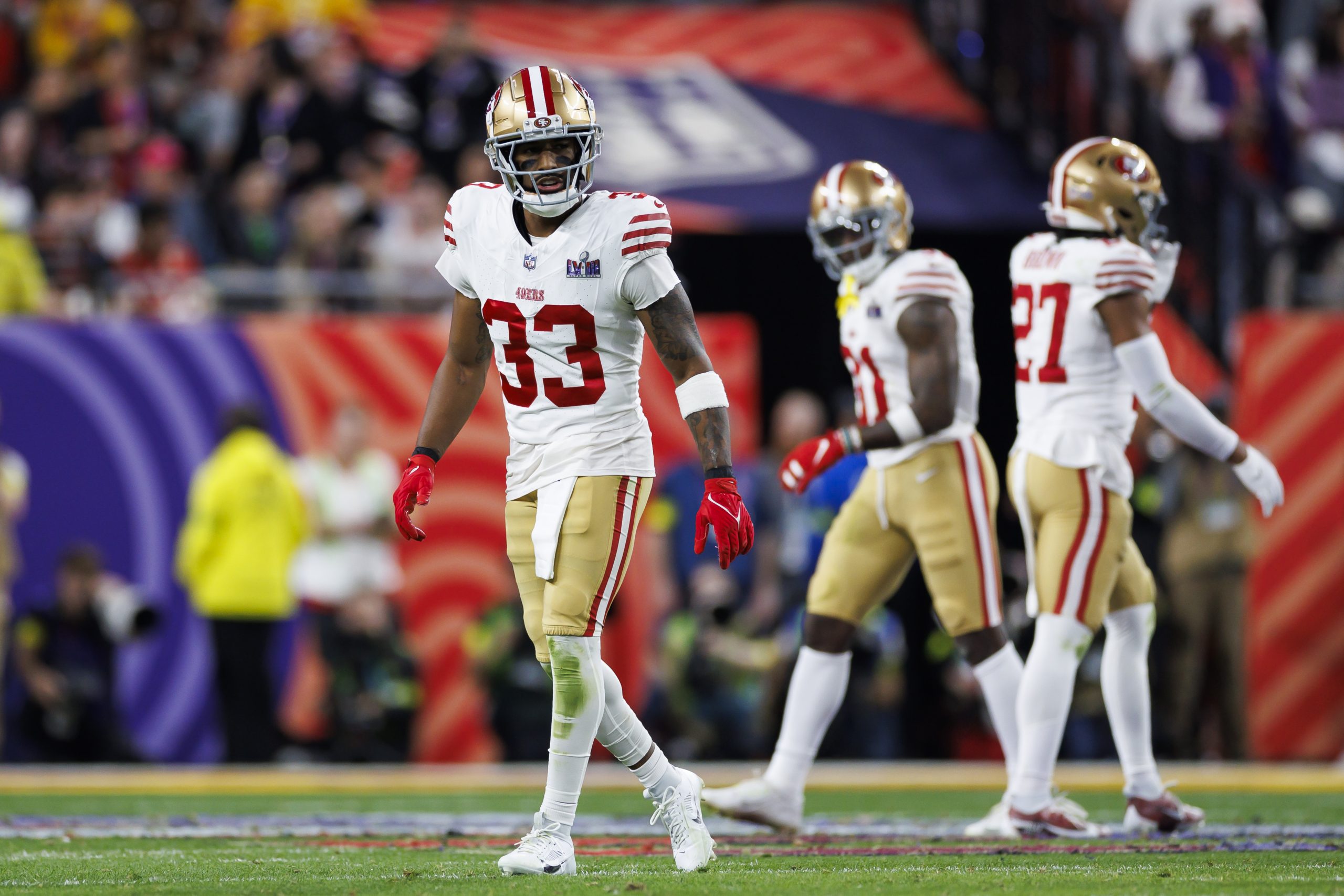 Logan Ryan #33 of the San Francisco 49ers defends in coverage during Super Bowl LVIII against the K...