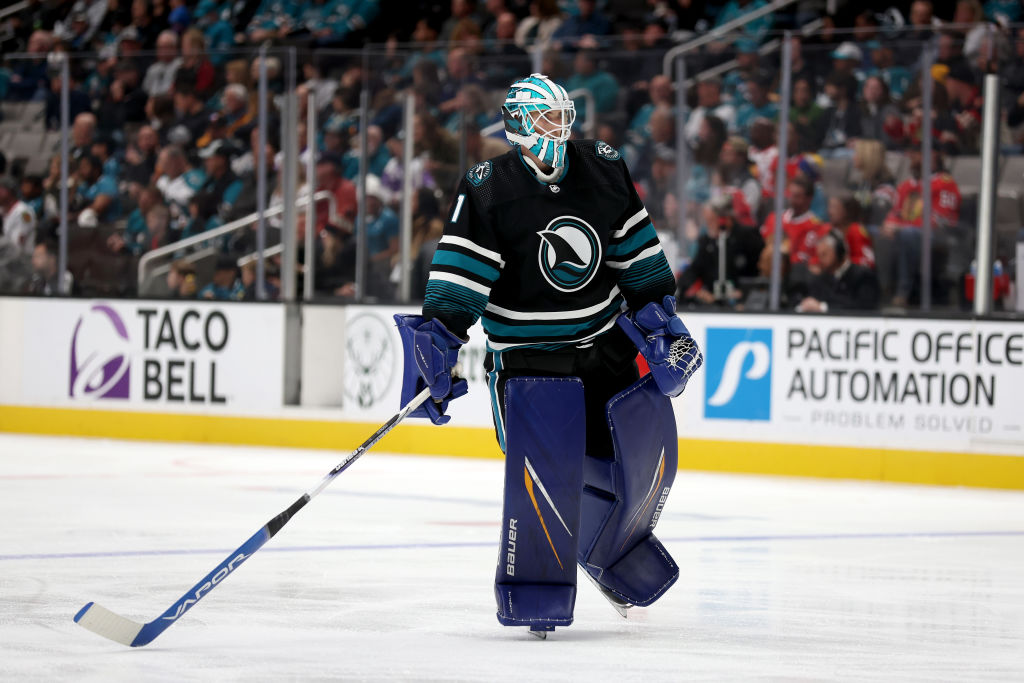 Devin Cooley #1 of the San Jose Sharks skates on the ice during their game against the Chicago Blac...