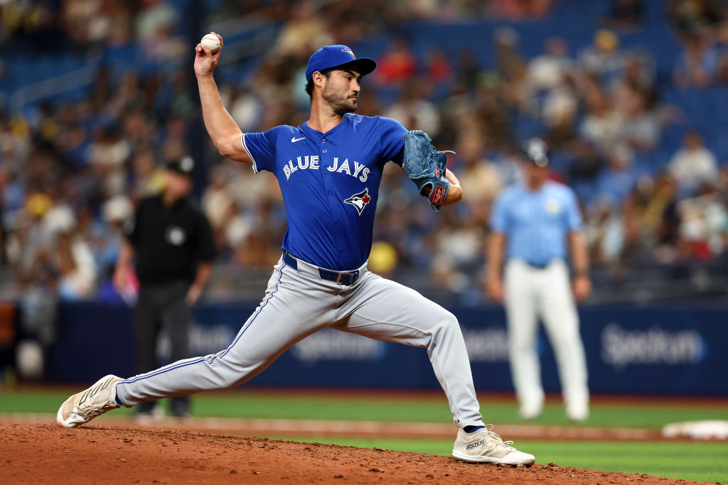 Mitch White #45 of the Toronto Blue Jays delivers a pitch during the sixth inning against the Tampa...